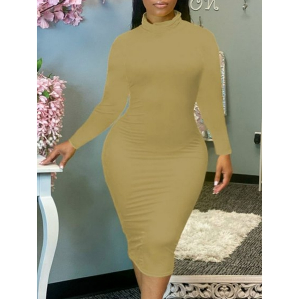 Plus size, tan, knee length, long sleeve, turtleneck, bodycon dress